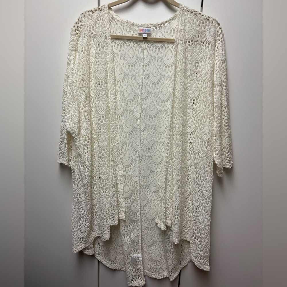 LuLaRoe Lindsay White Lace Open-Front Cardigan, size M